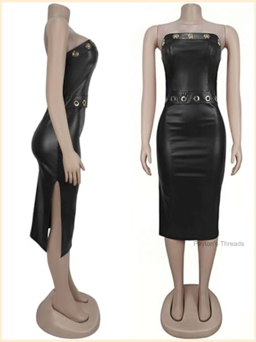 Strapless Faux Leather Midi Dress Bodycon Cocktail Clubwear Side Slit - Picture 5 of 7